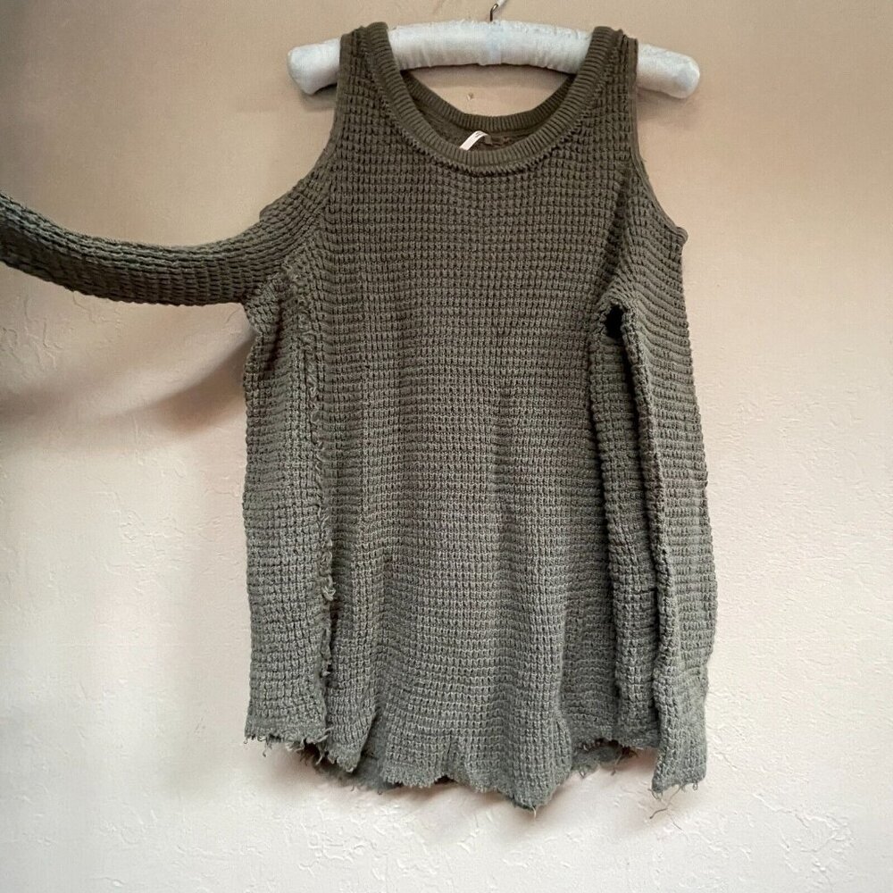 Free People Size XS Olive Green Sunset Cold Shoulder Thermal Knit Sweater Tunic